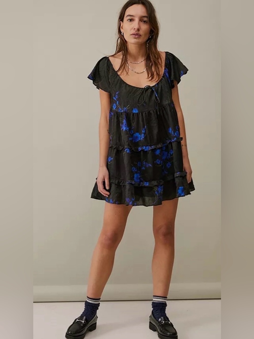 Urban Outfitters Black Floral babydoll Dress with Blue Accents